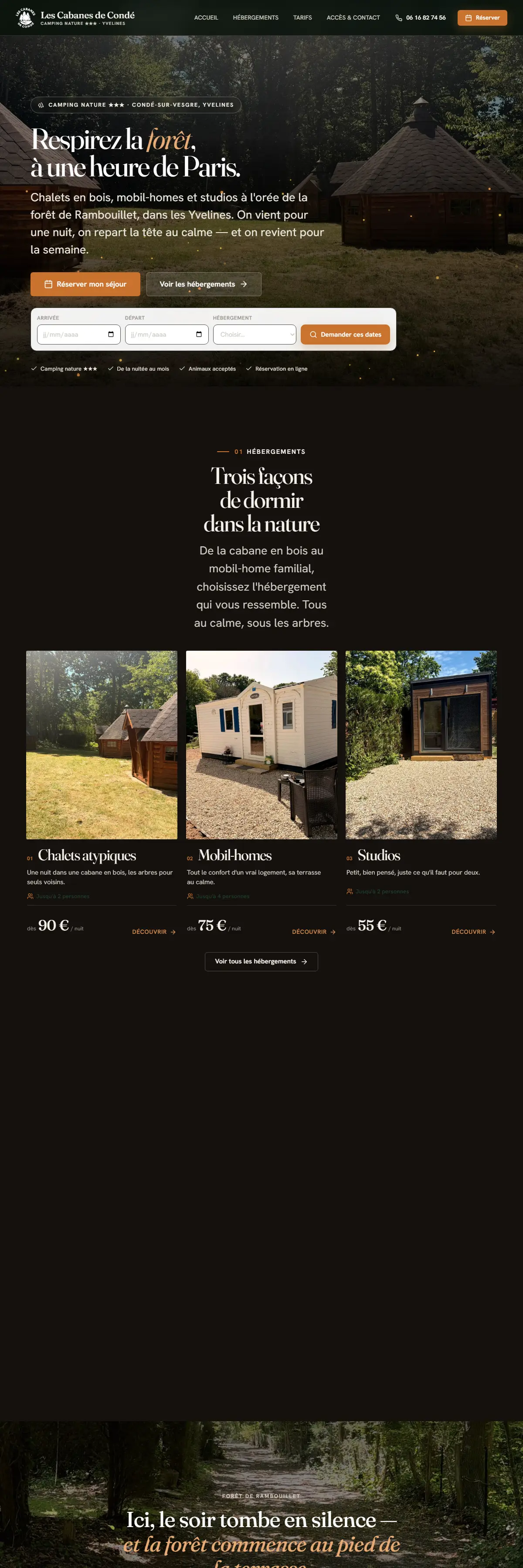Page d'accueil du site Les Cabanes de Condé, camping nature dans les Yvelines