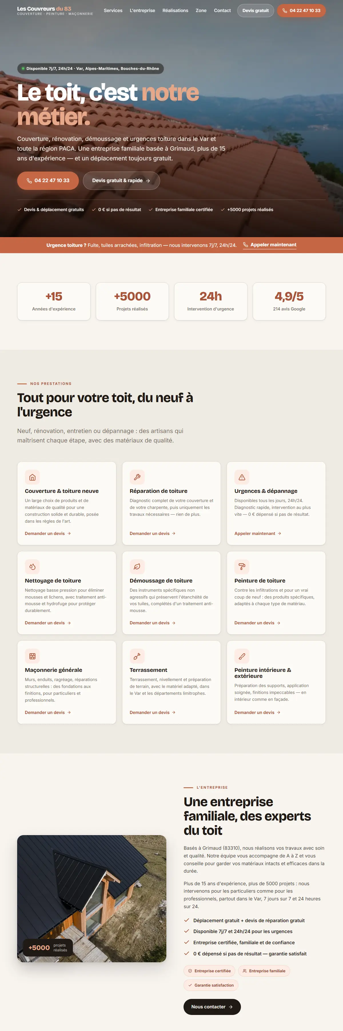 Page d'accueil du site Les Couvreurs du 83, couverture et peinture dans le Var