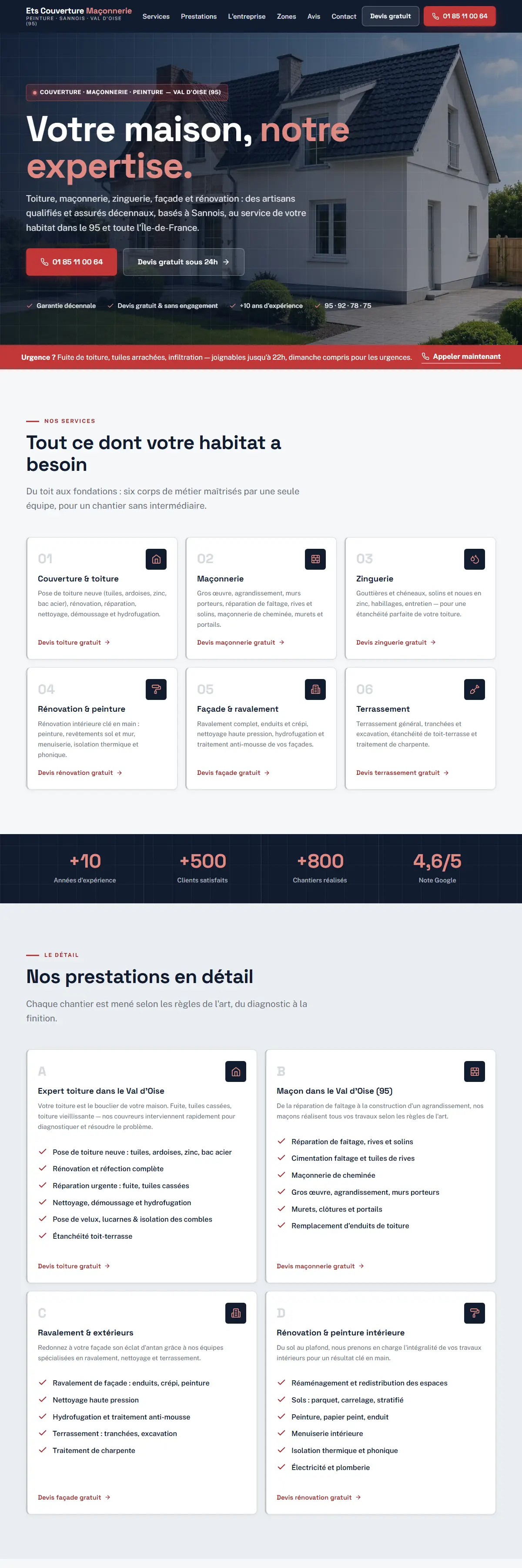 Page d'accueil du site Ets Couverture Maçonnerie, artisans à Sannois dans le Val-d'Oise