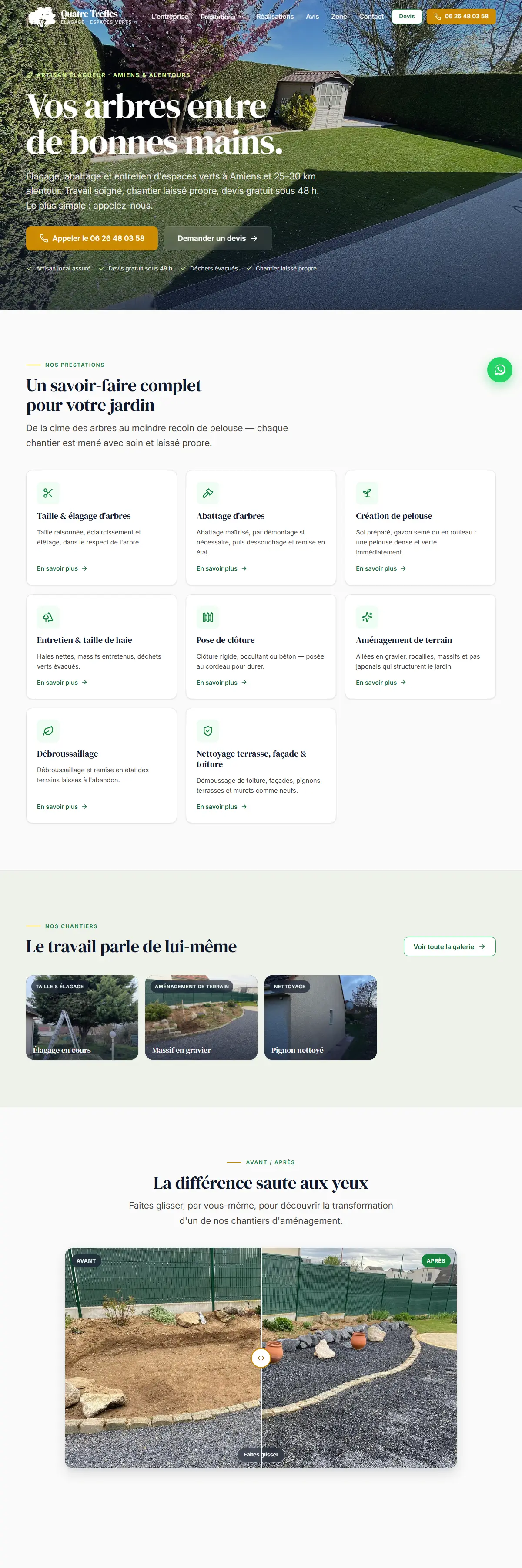 Page d'accueil du site Quatre Trèfles, artisan élagueur à Amiens